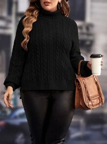 SHEIN LUNE 大码女式纯色针织高领休闲落肩侧开衩毛衣，适合秋冬季节穿着 - 黑色 - 查看 3