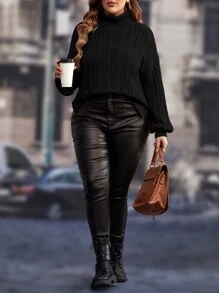 SHEIN LUNE 大码女式纯色针织高领休闲落肩侧开衩毛衣，适合秋冬季节穿着 - 黑色 - 查看 5