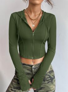 SHEIN EZwear 素色拉鏈開襟抽繩連帽短夾克