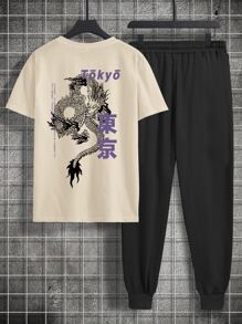 ROMWE MEN Guys Dragon & Letter Graphic Tee & Sweatpants - Multicolor - View 1
