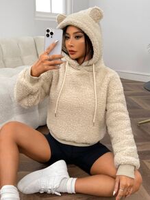 SHEIN Qutie Drop Shoulder 3D Ear Design Drawstring Teddy Hoodie - Khaki - View 1