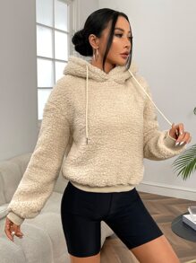 SHEIN Qutie Drop Shoulder 3D Ear Design Drawstring Teddy Hoodie - Khaki - View 5