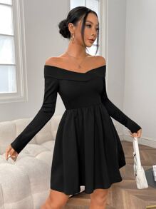 SHEIN EZwear Off Shoulder Flare Hem Dress - Black - View 3