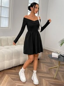 SHEIN EZwear Off Shoulder Flare Hem Dress - Black - View 5