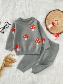 Baby Mushroom Pattern Jumper & Knit Trousers - Grey - View 1