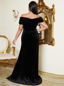 seomiscky Vestido de vestir de hombros descubiertos fruncido de muslo con abertura de terciopelo - Negro - Ver 2