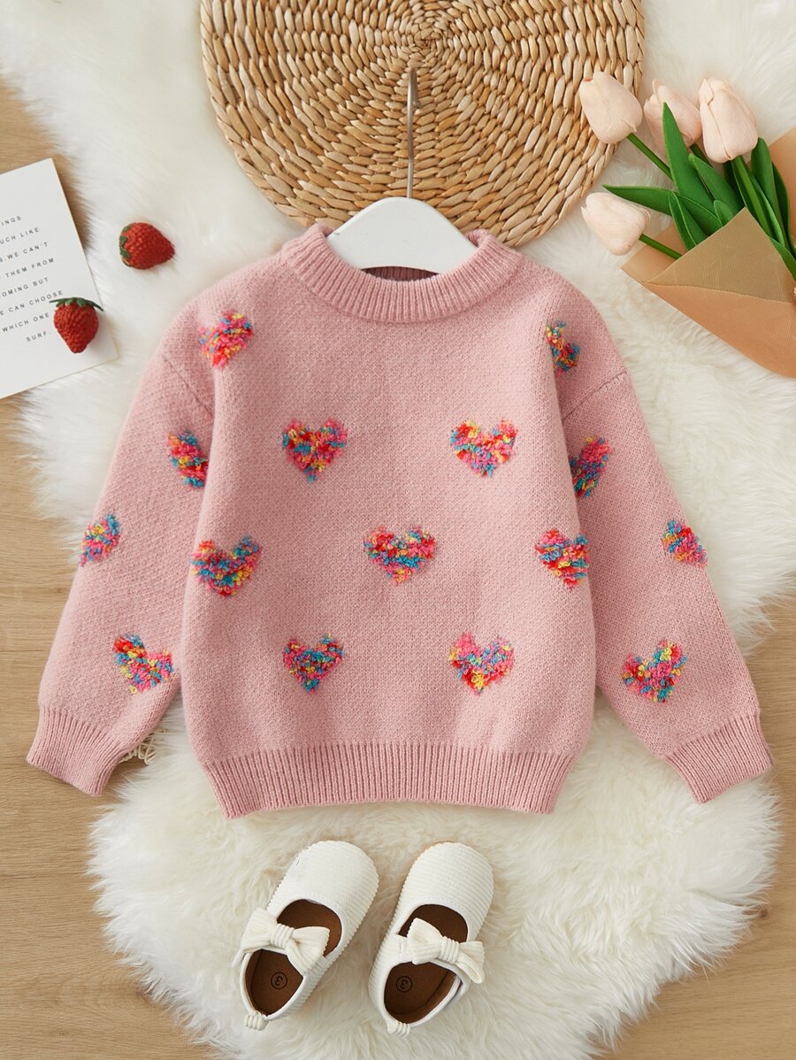 SHEIN Suéter De Patrón De Corazón Para Niñas Pequeñas - Rosa - Ver 1