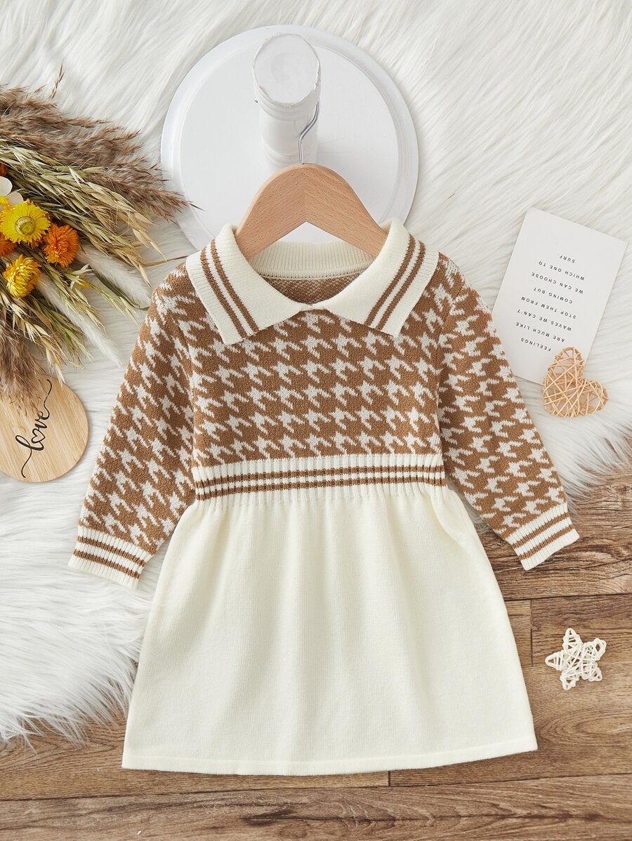 Baby Houndstooth Print Striped Trim Contrast Collar Dress - Multicolor - View 1