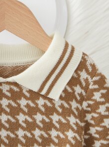 Baby Houndstooth Print Striped Trim Contrast Collar Dress - Multicolor - View 3