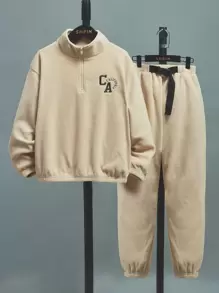 SHEIN Boys Letter Embroidery Half Zip Sweatshirt & Joggers - Khaki - View 1