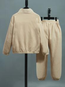 SHEIN Boys Letter Embroidery Half Zip Sweatshirt & Joggers - Khaki - View 2