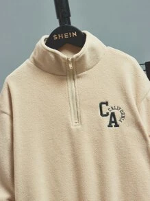 SHEIN Boys Letter Embroidery Half Zip Sweatshirt & Joggers - Khaki - View 3