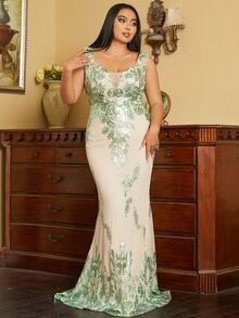 seomiscky Plus Contrast Sequin Mesh Insert Floor Length Formal Dress - Beige - View 4