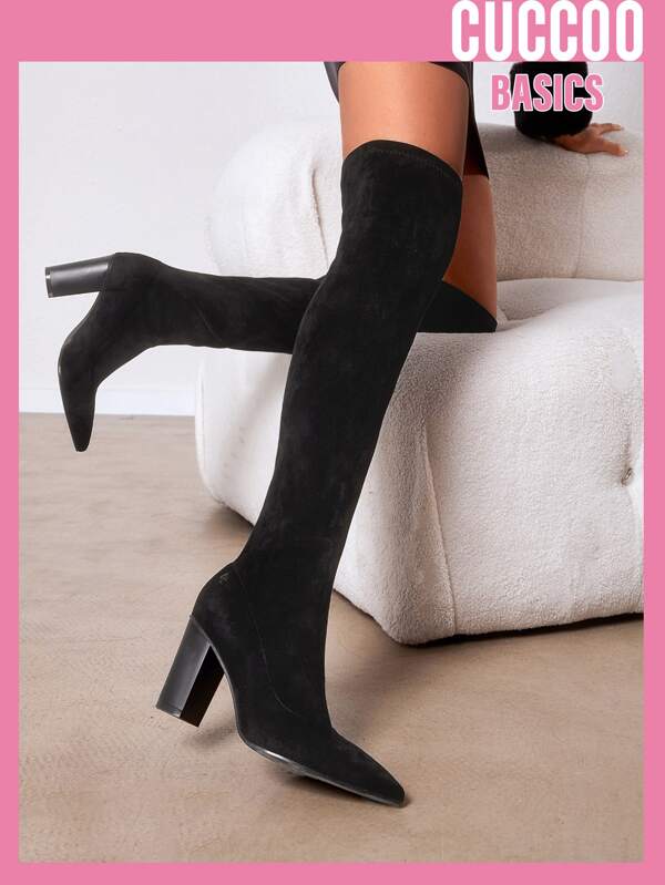 CUCCOO Basic Minimalist Point Toe Chunky Heeled SlipOn Sock Boots