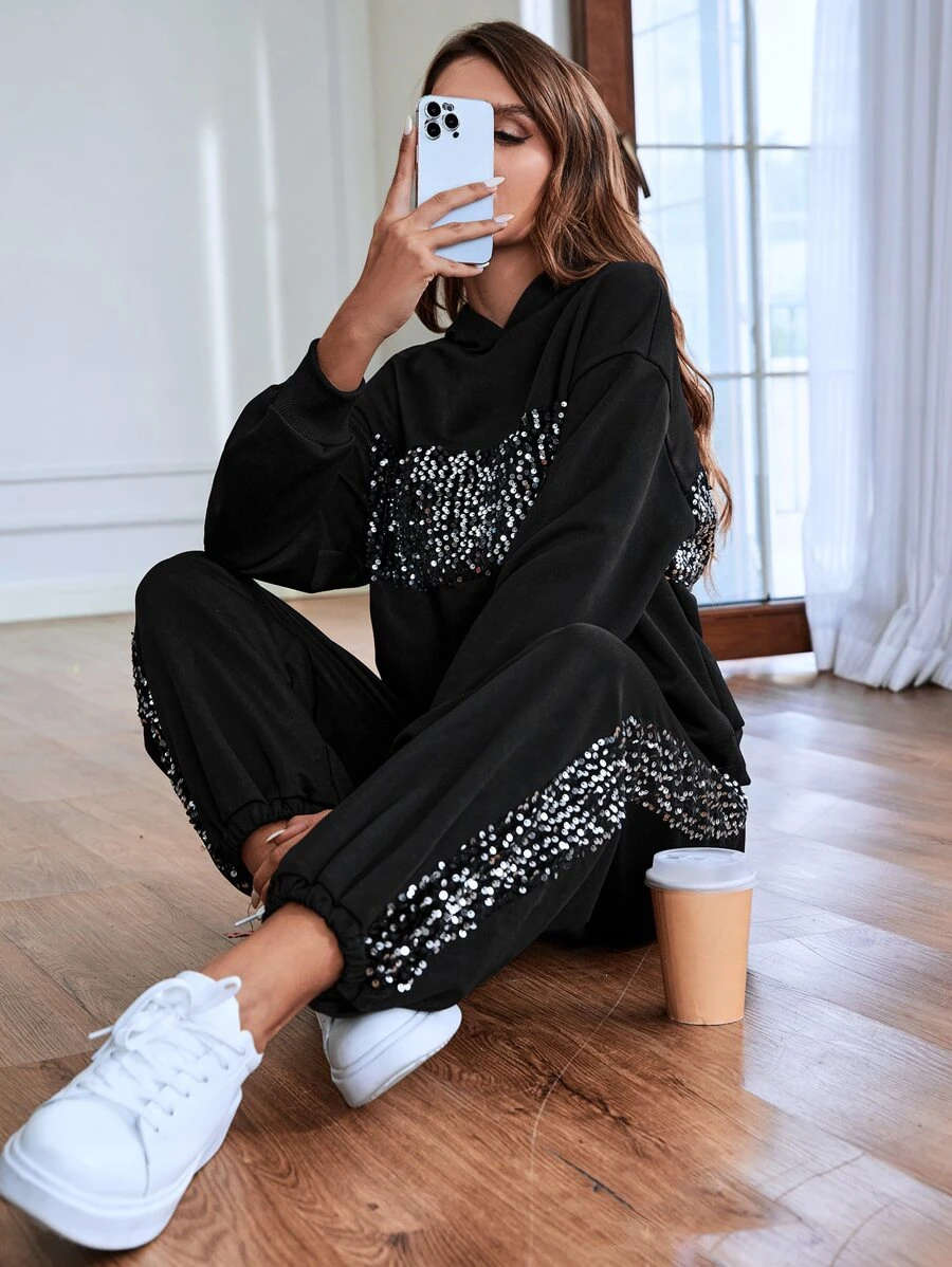 SHEIN Essnce Contrast Sequin Drop Shoulder Hoodie & Joggers - Black - View 1