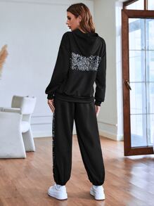 SHEIN Essnce 亮片拼接落肩袖連帽衫和運動褲 - 黑色 - 查看 2