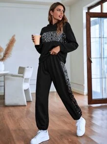 SHEIN Essnce 亮片拼接落肩袖連帽衫和運動褲 - 黑色 - 查看 4
