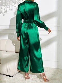 SHEIN Privé Drop Shoulder Wide Leg Satin Jumpsuit - Dark Green - View 2