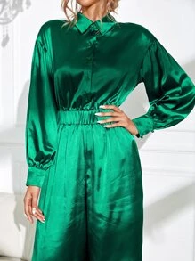 SHEIN Privé Drop Shoulder Wide Leg Satin Jumpsuit - Dark Green - View 3