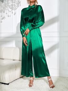 SHEIN Privé Drop Shoulder Wide Leg Satin Jumpsuit - Dark Green - View 4