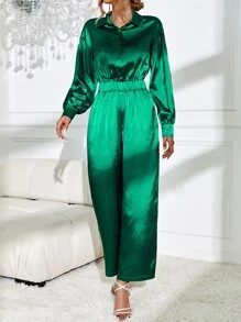 SHEIN Privé Drop Shoulder Wide Leg Satin Jumpsuit - Dark Green - View 5