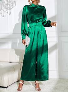 SHEIN Privé Drop Shoulder Wide Leg Satin Jumpsuit - Dark Green - View 6