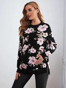 SHEIN Maternity Allover Floral Print Drop Shoulder Split Hem Pullover - Multicolor - View 3