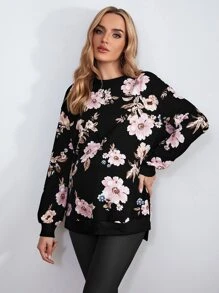 SHEIN Maternity Allover Floral Print Drop Shoulder Split Hem Pullover - Multicolor - View 5
