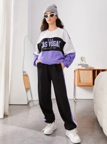 SHEIN Teen Girls Letter Graphic Colourblock Drop Shoulder Pullover & Slant Pocket Joggers - Multicolor - View 4