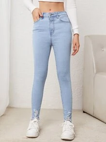 SHEIN Teen Girl Ripped Raw Hem Jeans - Light Wash - View 1