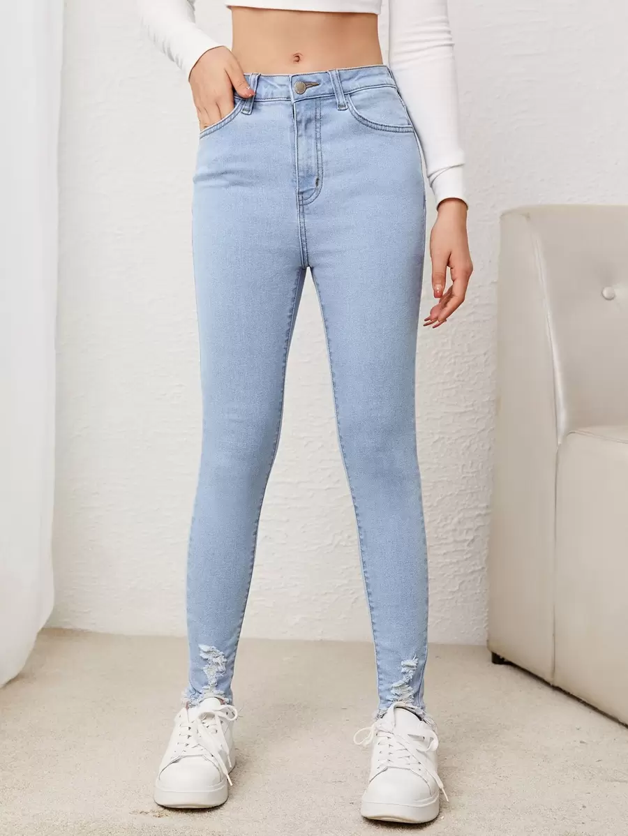 SHEIN Teen Girl Ripped Raw Hem Jeans - Light Wash - View 1