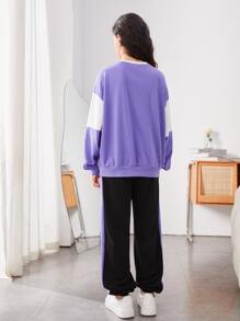 SHEIN Teen Girls Letter Graphic Colourblock Drop Shoulder Pullover & Slant Pocket Joggers - Multicolor - View 3