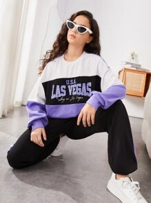 SHEIN Teen Girls Letter Graphic Colourblock Drop Shoulder Pullover & Slant Pocket Joggers - Multicolor - View 2