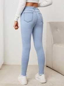 SHEIN Teen Girl Ripped Raw Hem Jeans - Light Wash - View 2