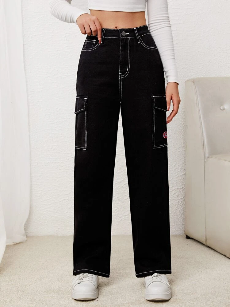 Teen Girls Contrast Stitch Flap Pocket Cargo Jeans