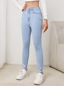 SHEIN Teen Girl Ripped Raw Hem Jeans - Light Wash - View 3