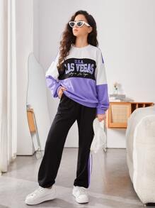 SHEIN Teen Girls Letter Graphic Colourblock Drop Shoulder Pullover & Slant Pocket Joggers - Multicolor - View 5