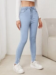 SHEIN Teen Girl Ripped Raw Hem Jeans - Light Wash - View 4