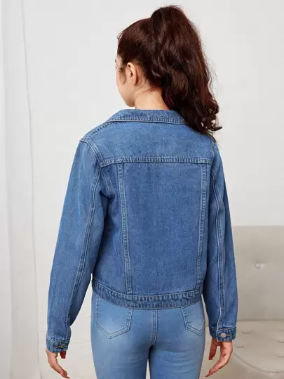 SHEIN 青少年女孩假口袋前紐扣牛仔夾克