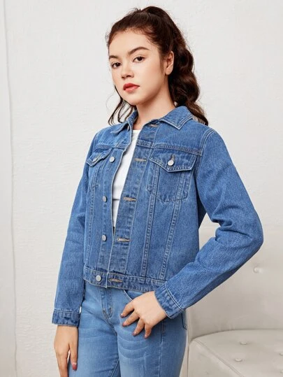 SHEIN Bé Gái Denim Jackets & Áo Khoác Túi Nút phía trước màu trơn Giải trí