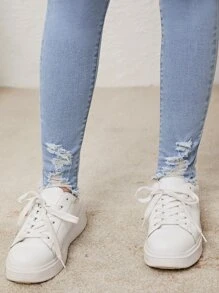 SHEIN Teen Girl Ripped Raw Hem Jeans - Light Wash - View 6