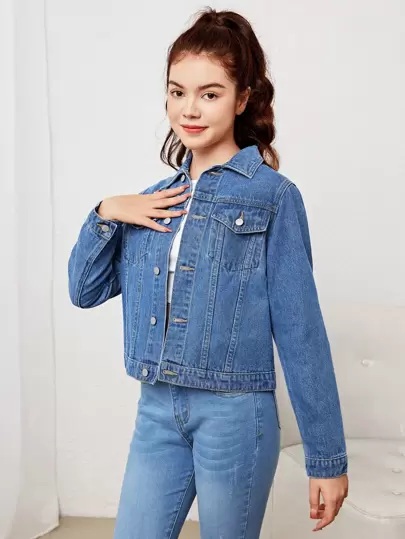 SHEIN 青少年女孩假口袋前紐扣牛仔夾克