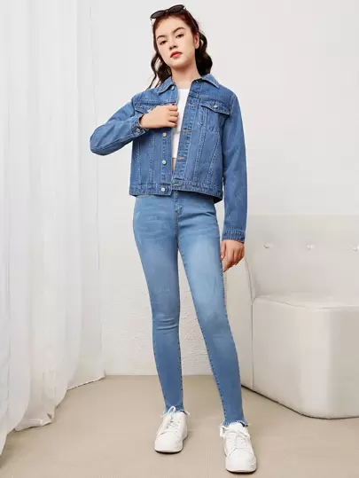 SHEIN Bé Gái Denim Jackets & Áo Khoác Túi Nút phía trước màu trơn Giải trí