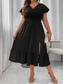 Celure Vestido de manga mariposa bajo con fruncido de muslo con abertura - Negro - Ver 1