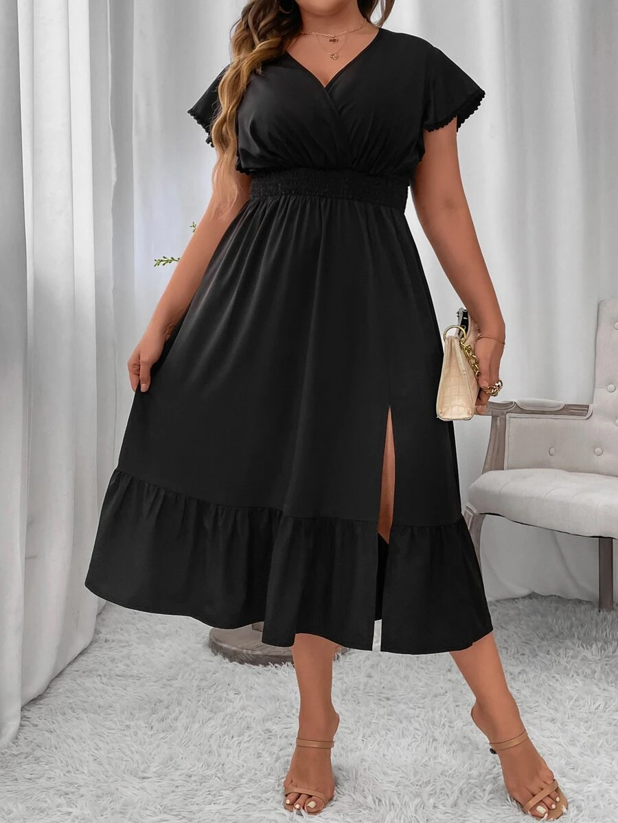 Celure Vestido de manga mariposa bajo con fruncido de muslo con abertura - Negro - Ver 1