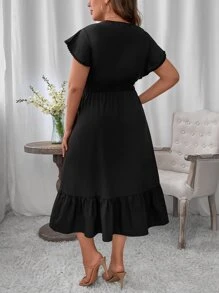 Celure Vestido de manga mariposa bajo con fruncido de muslo con abertura - Negro - Ver 2