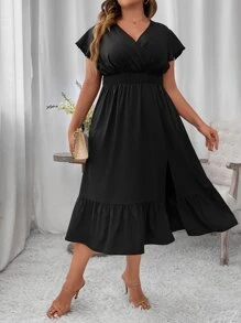 Celure Vestido de manga mariposa bajo con fruncido de muslo con abertura - Negro - Ver 5