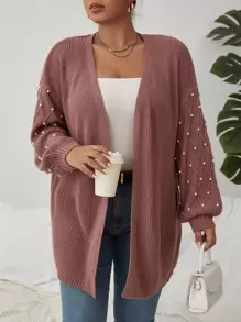 SHEIN LUNE Plus Pearls Beaded Drop Shoulder Duster Cardigan, For Winter