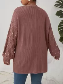 SHEIN LUNE Plus Pearls Beaded Drop Shoulder Duster Cardigan, For Winter