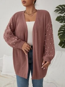SHEIN LUNE Plus Pearls Beaded Drop Shoulder Duster Cardigan, For Winter